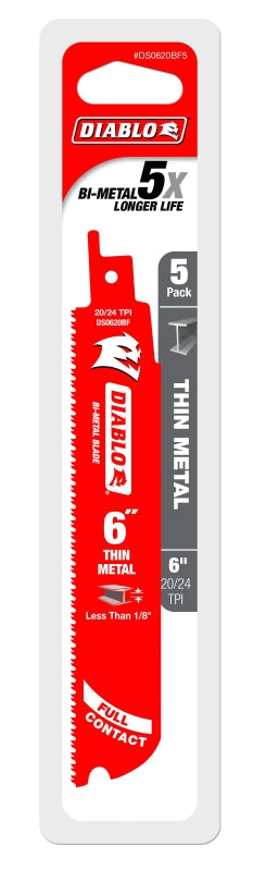 DIABLO Diablo DS0620BF5 Series Reciprocating Saw Blade, Applicable Materials: Metal, 6 in L, 20/24 TPI, 5/PK TOOLS DIABLO
