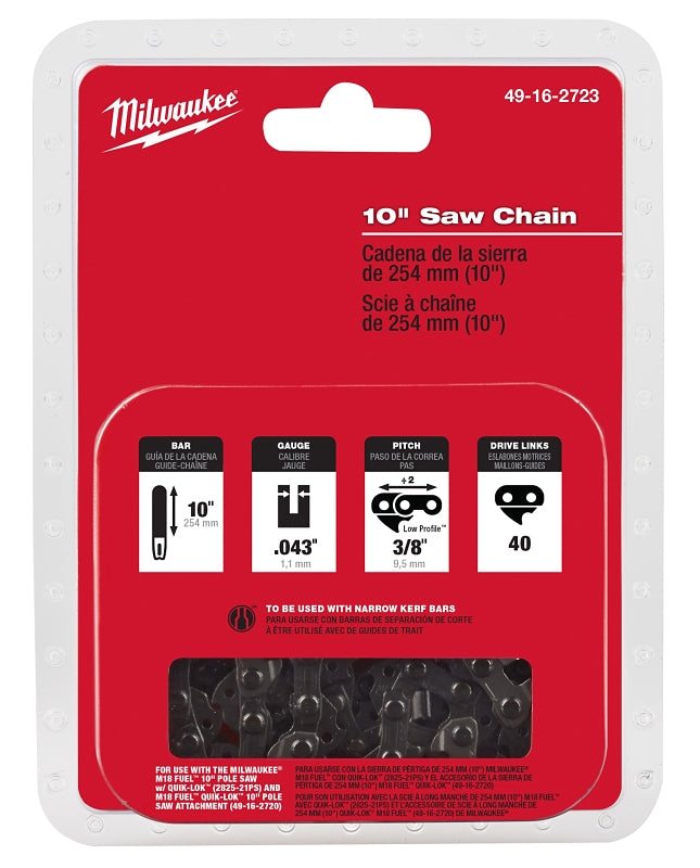 MILWAUKEE Milwaukee 49-16-2723 Chainsaw Chain, Pole Saw Chain, 10 in L Bar, 0.043 in Gauge, 3/8 in TPI/Pitch, 40-Link OUTDOOR LIVING & POWER EQUIPMENT MILWAUKEE