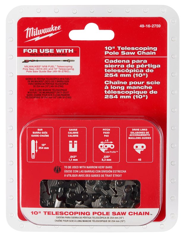 MILWAUKEE Milwaukee M18 49-16-2759 Telescoping Pole Saw Chain, 10 ft L Bar, 0.043 in Gauge, 0.325 TPI/Pitch, 46-Link OUTDOOR LIVING & POWER EQUIPMENT MILWAUKEE