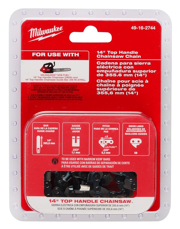 MILWAUKEE Milwaukee 49-16-2744 Chainsaw Chain, Low Kickback Chain, 14 in L Bar, 0.043 in Gauge, 0.325 in TPI/Pitch, 59 -Link