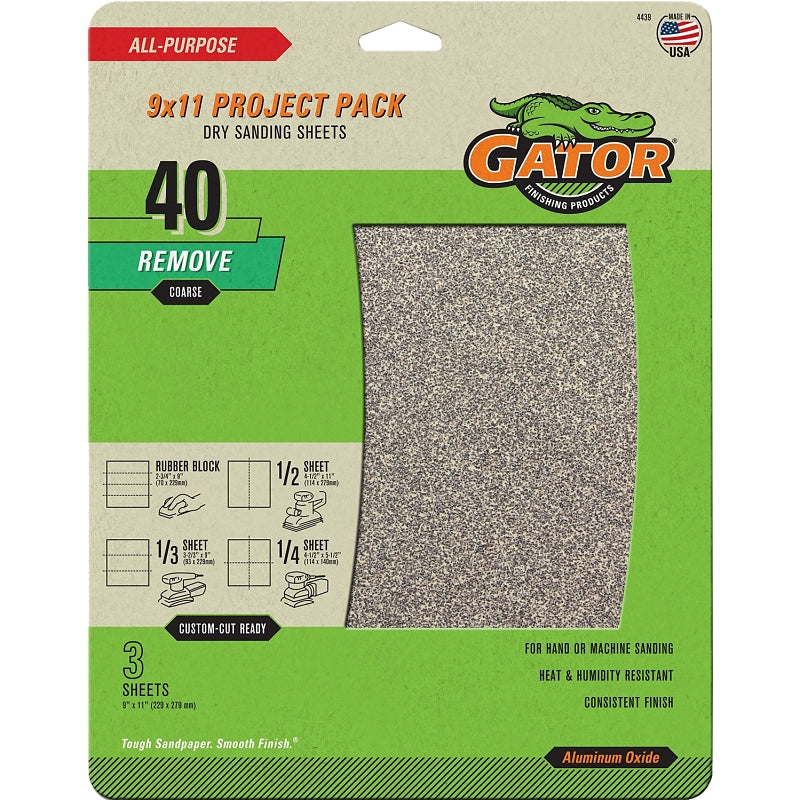 GATOR Gator 4439 Sanding Sheet, 11 in L, 9 in W, 40 Grit, Coarse, Aluminum Oxide Abrasive PAINT GATOR