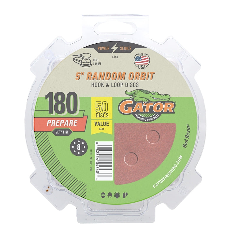 GATOR Gator 4348 Sanding Disc, 5 in Dia, 180 Grit, Extra Fine, Aluminum Oxide Abrasive, Fiber Backing, 50/PK TOOLS GATOR