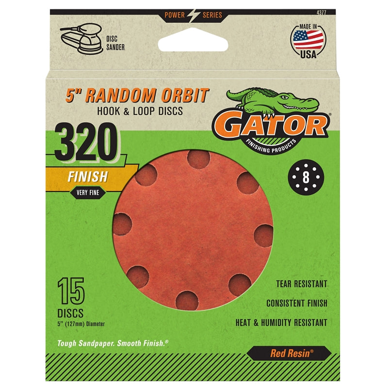 GATOR Gator 4377 Sanding Disc, 5 in Dia, 320 Grit, Very Fine, Aluminum Oxide Abrasive, Fiber Backing, 15/PK TOOLS GATOR