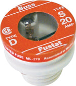 BUSSMANN Bussmann S-20 Plug Fuse, 20 A, 125 V, 10 kA Interrupt, Low Voltage, Time Delay Fuse ELECTRICAL BUSSMANN