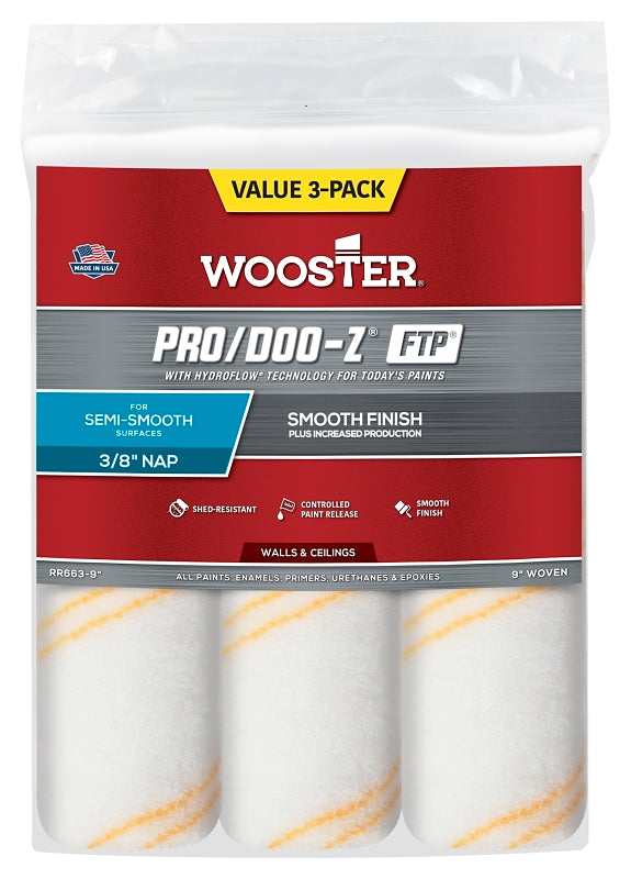 WOOSTER BRUSH Wooster RR663-9 Roller Cover, White, 3/8 in Thick Nap, 9 in L, Woven Fabric Cover, 3/PK PAINT WOOSTER BRUSH