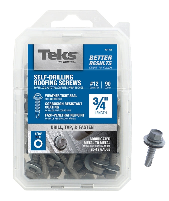 TEKS Teks 21408 Roofing Screw, #12 Thread, Fine Thread, Hex Drive, Drill Point, Steel, Zinc