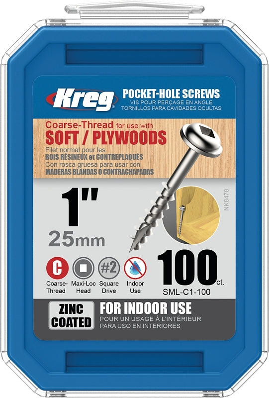 KREG Kreg SML-C1 - 100 Screw, 1 in L, Coarse Thread, Maxi-Loc Head, Square Drive, Self-Drilling Point, Steel, Zinc, 100 PK TOOLS KREG
