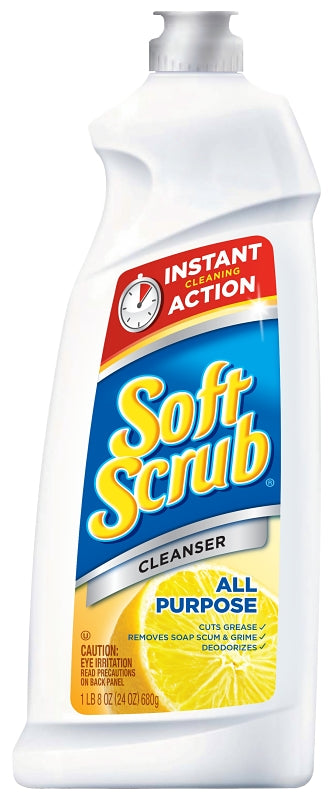 SOFT SCRUB Soft Scrub 00865 Kitchen and Bathroom Cleaner, 24 oz Bottle, Liquid, Lemon, White