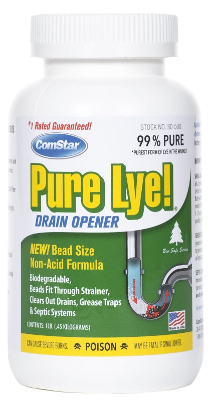 COMSTAR ComStar Pure Lye 30-500 Drain Opener, Beads, Flakes, Clear/White, Sharp, 1 lb Bottle PLUMBING, HEATING & VENTILATION COMSTAR