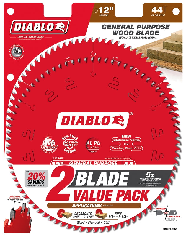 DIABLO Diablo D124444VP Saw Blade, 12 in Dia, 44-Teeth