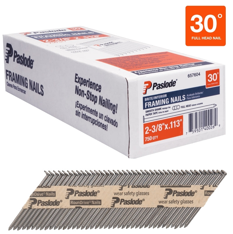 PASLODE Paslode 657604 Series Framing Nail, Paper Tape Collation, 2-3/8 in L, Steel, Brite, Round Head, Smooth Shank HARDWARE & FARM SUPPLIES PASLODE