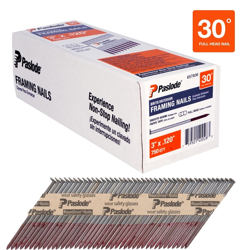 PASLODE Paslode 657836 Series Framing Nail, Paper Tape Collation, 3 in L, Steel, Brite, Round Head, Smooth Shank HARDWARE & FARM SUPPLIES PASLODE