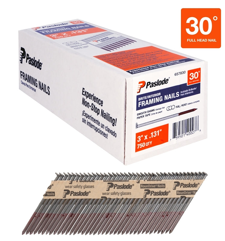 PASLODE Paslode 657830 Series Framing Nail, Paper Tape Collation, 3 in L, Steel, Brite, Round Head HARDWARE & FARM SUPPLIES PASLODE