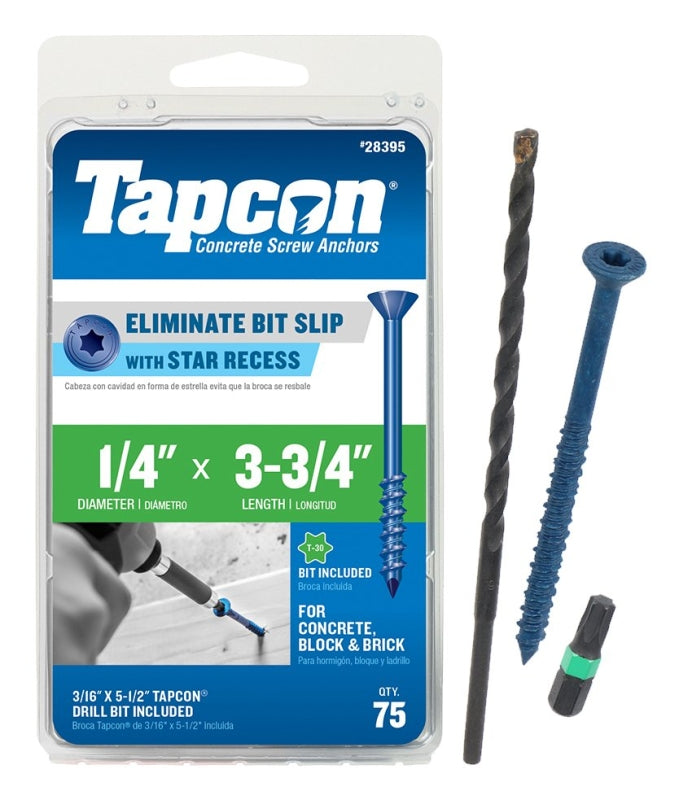 TAPCON Tapcon 28395 Concrete Screw Anchor, T30 Screw, 1/4 in Dia, 3-3/4 in L, Steel, Climaseal, 75/PK HARDWARE & FARM SUPPLIES TAPCON
