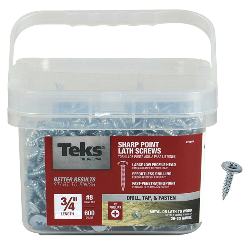 TEKS Teks 21506 Lath Screw, #8 Thread, Truss Head, Phillips Drive, Sharp Point, Steel, Zinc, 600 PAIL