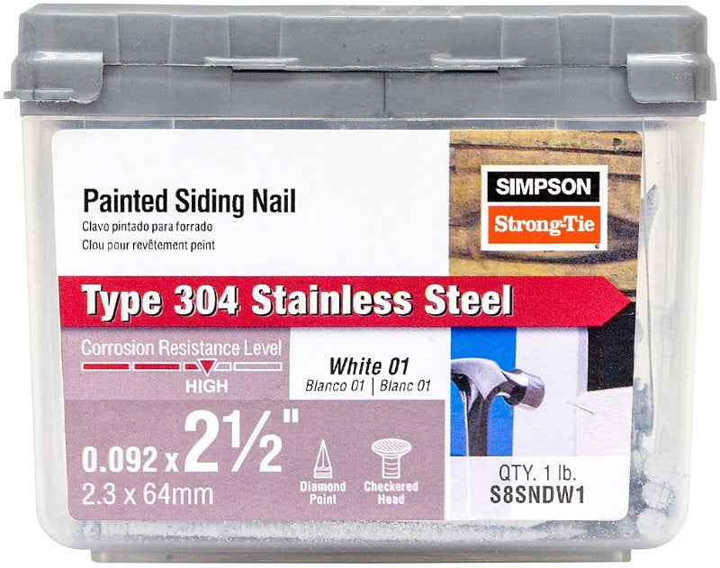 SIMPSON STRONG-TIE Simpson Strong-Tie S6SNDW1 Siding Nail, 6d, 2 in L, Stainless Steel, Full Round Head, Annular Ring Shank, White