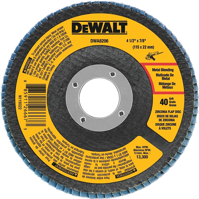 DEWALT DEWALT DWA8206 Flap Disc, 4-1/2 in Dia, 7/8 in Arbor, Coated, Zirconium Oxide Abrasive, 40 Grit, Coarse