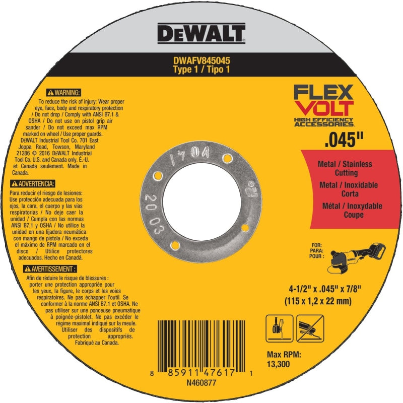 DEWALT DEWALT DWAFV845045 Cutting Wheel, 4-1/2 in Dia, 0.045 in Thick, 7/8 in Arbor, 24 Grit, Ceramic Abrasive, Medium TOOLS DEWALT