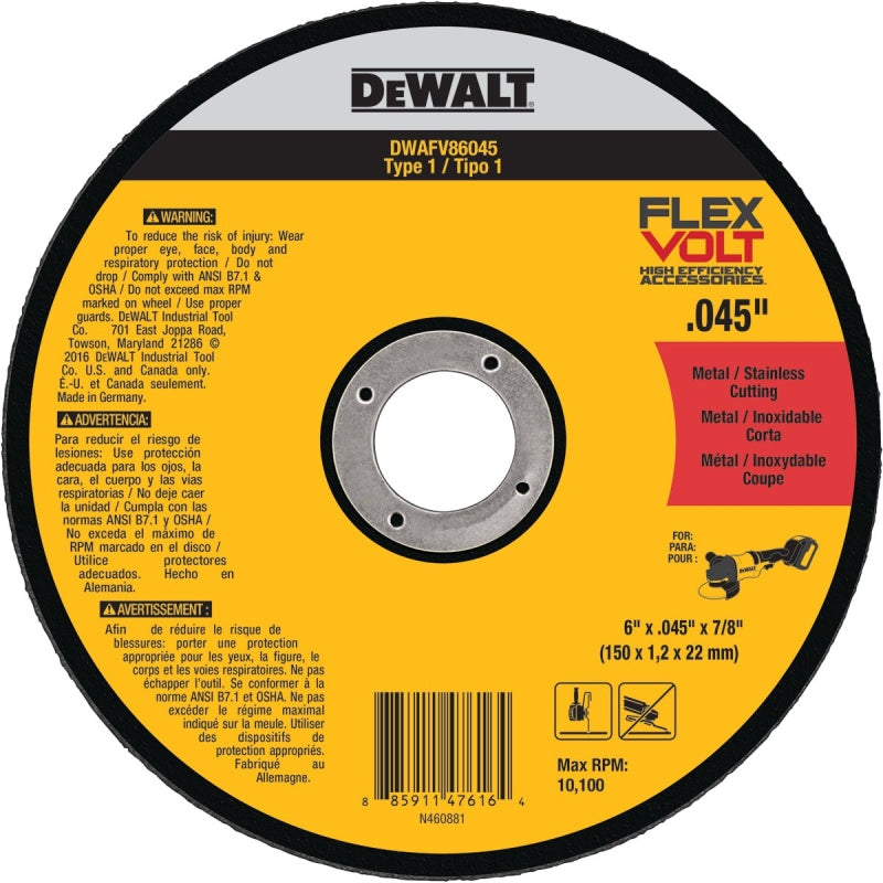 DEWALT DEWALT DWAFV86045 Cutting Wheel, 6 in Dia, 0.045 in Thick, 7/8 in Arbor, 24 Grit, Medium, Ceramic Abrasive