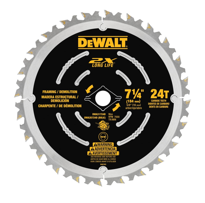 DEWALT DeWALT DWA35724DB10 Saw Blade, 7-1/4 in Dia, 5/8 in Arbor, 24-Teeth, Carbide Cutting Edge TOOLS DEWALT   
