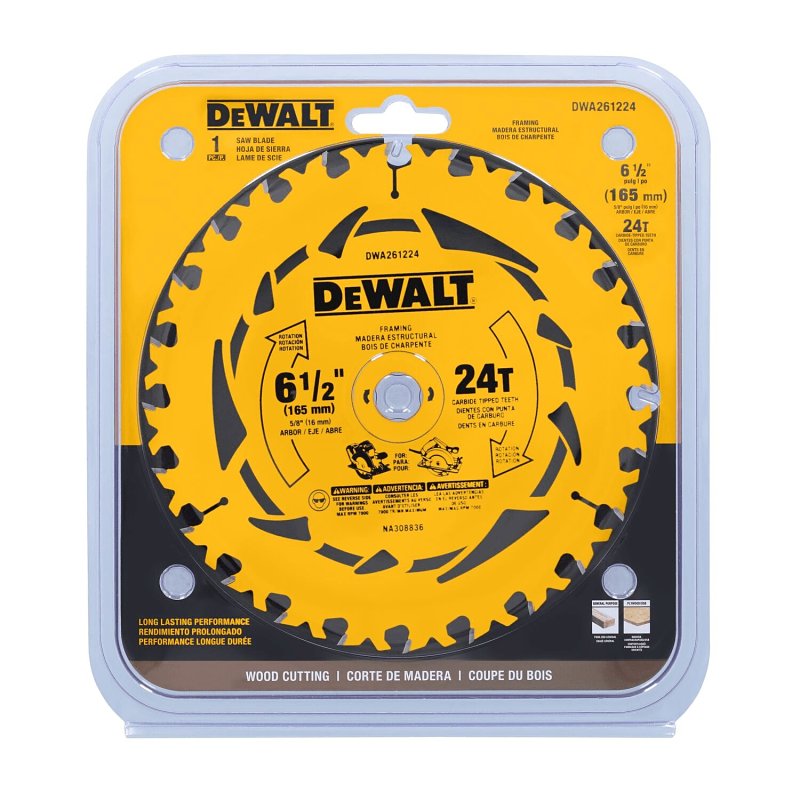 DEWALT DEWALT DWA161224 Circular Saw Blade, 5/8 in Arbor, 6-1/2 in Dia, 24-Teeth, Tungsten Carbide Cutting Edge
