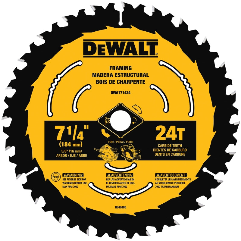 DEWALT DEWALT DWA171424 Circular Saw Blade, 7-1/4 in Dia, 5/8 in Arbor, 24-Teeth, Applicable Materials: Wood, 1/PK TOOLS DEWALT