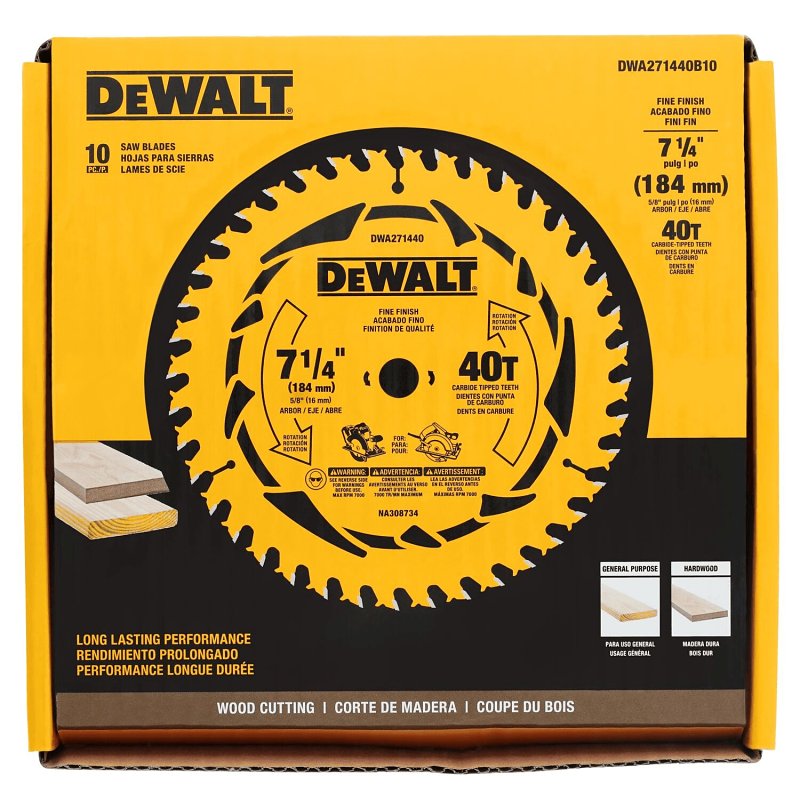 DEWALT DEWALT DWA171440B10 Circular Saw Blade, 7-1/4 in Dia, 5/8 in Arbor, 40-Teeth, Tungsten Carbide Cutting Edge TOOLS DEWALT