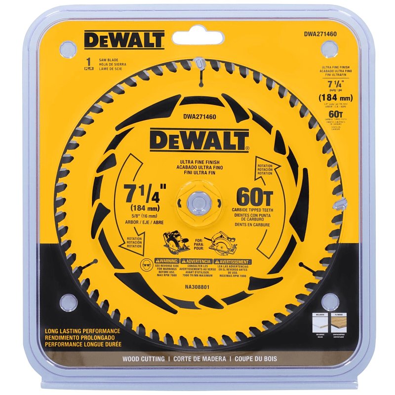 DEWALT DEWALT DWA171460 Circular Saw Blade, 7-1/4 in Dia, 5/8 in Arbor, 60-Teeth, Tungsten Carbide Cutting Edge