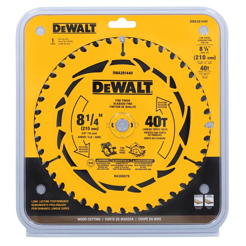 DEWALT DEWALT DWA181440 Circular Saw Blade, 8-1/4 in Dia, 5/8 in Arbor, 40-Teeth, Applicable Materials: Wood