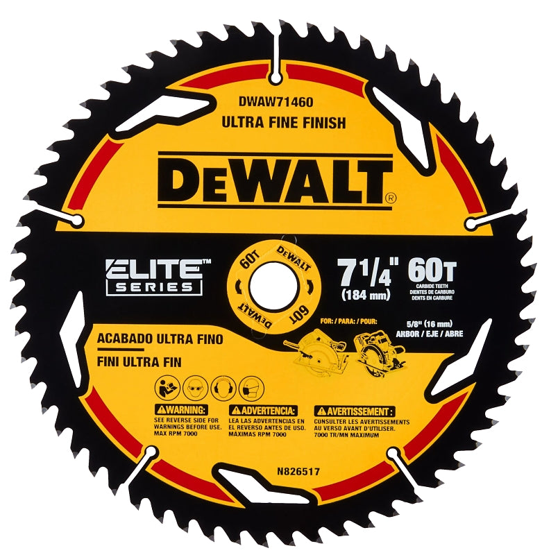 DEWALT DEWALT ELITE Series DWAW71460 Circular Saw Blade, 7-1/4 in Dia, 5/8 in Arbor, 60-Teeth, Tungsten Carbide Cutting Edge