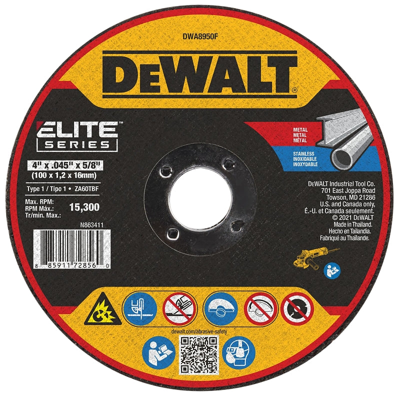 DEWALT DEWALT ELITE Series DWA8950F Cutting Wheel, 4 in Dia, 0.045 in Thick, 5/8 in Arbor, 60 Grit, Zirconia Alumina Abrasive