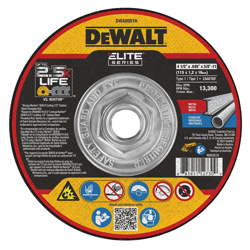 DEWALT DEWALT ELITE Series DWA8951H Cutting Wheel, 4-1/2 in Dia, 0.045 in Thick, 5/8-11 Arbor, 46 Grit, Ceramic Abrasive
