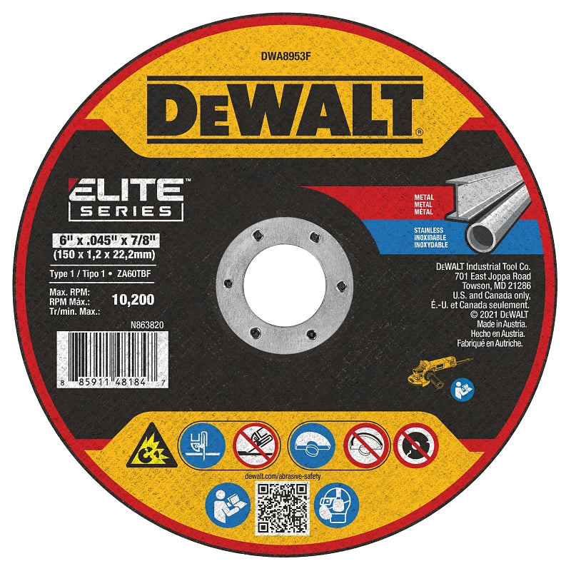 DEWALT DEWALT ELITE Series DWA8953F Cutting Wheel, 6 in Dia, 0.04 in Thick, 7/8 in Arbor, Ceramic Abrasive TOOLS DEWALT