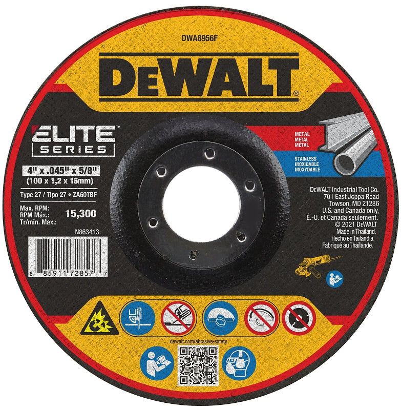 DEWALT DEWALT ELITE Series DWA8956F Cutting Wheel, 4 in Dia, 0.045 in Thick, 5/8 in Arbor, Zirconia Alumina Abrasive, 60 Grit