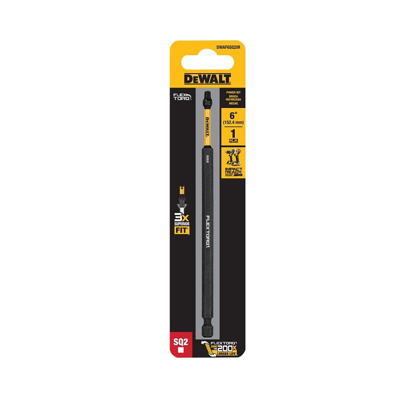 DEWALT DEWALT FLEXTORQ DWAF6SQ2IR Impact Screwdriving Bit, #2 Drive, Square Drive, 1/4 in Shank, Hex Shank, 6 in L, Steel TOOLS DEWALT