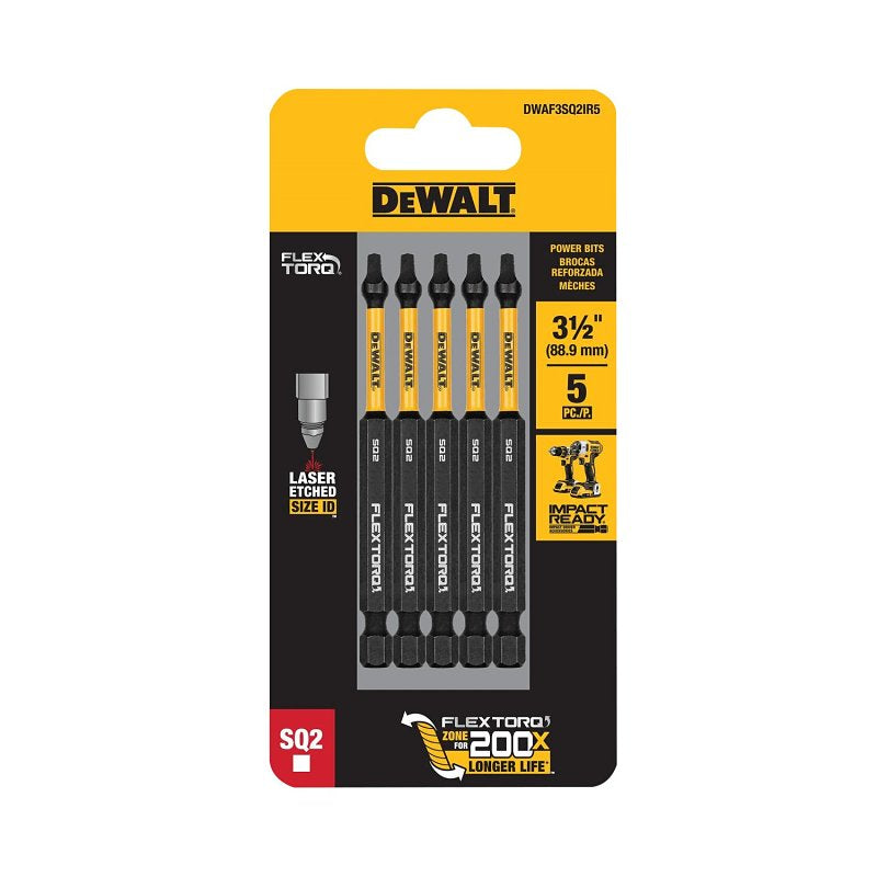 DEWALT DEWALT FlexTorq DWAF3SQ2IR5 Impact Screwdriver Bit, #2 Drive, Square Drive, 1/4 in Shank, Hex Shank, 3-1/2 in L, Steel TOOLS DEWALT