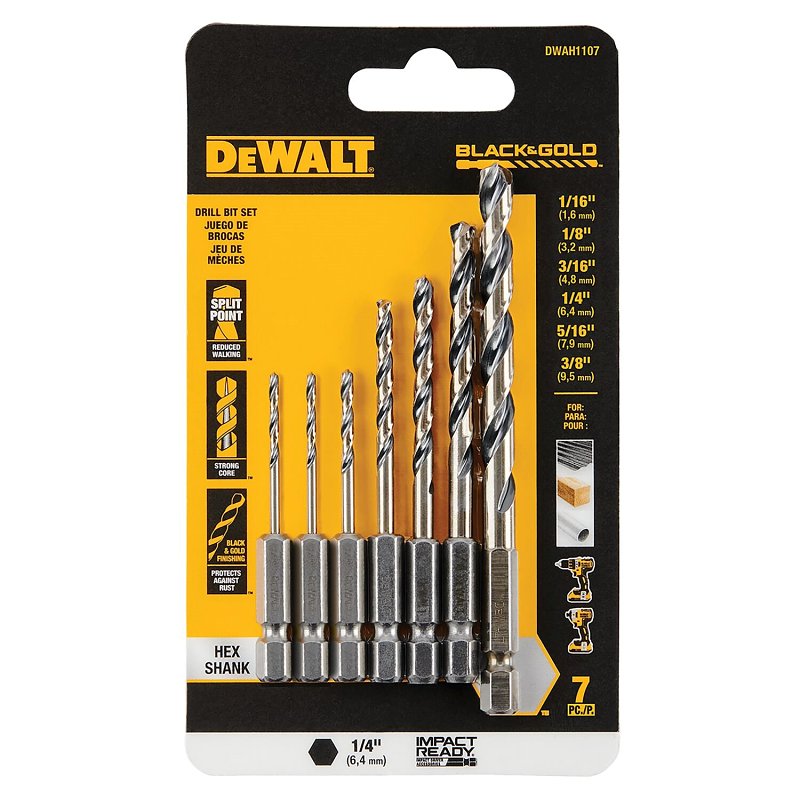 DEWALT DEWALT DWAH1107 Drill Bit Set, Impact Ready, 7-Pieces, High Speed Steel, Black/Gold TOOLS DEWALT