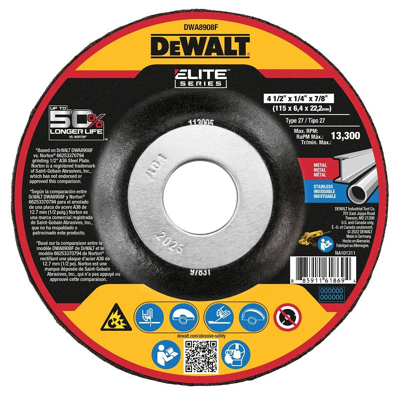 DEWALT DEWALT XP Series DWA8908F Grinding Wheel, 4-1/2 in Dia, 1/4 in Thick, 7/8 in Arbor, 24 Grit, Very Coarse