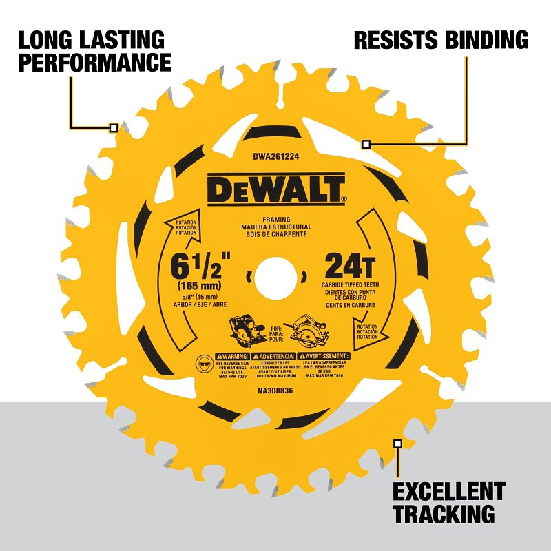 DEWALT DEWALT DWA261224B10 Circular Saw Blade, 6-1/2 in Dia, 5/8 in Arbor, 24-Teeth, Tungsten Carbide Cutting Edge TOOLS DEWALT
