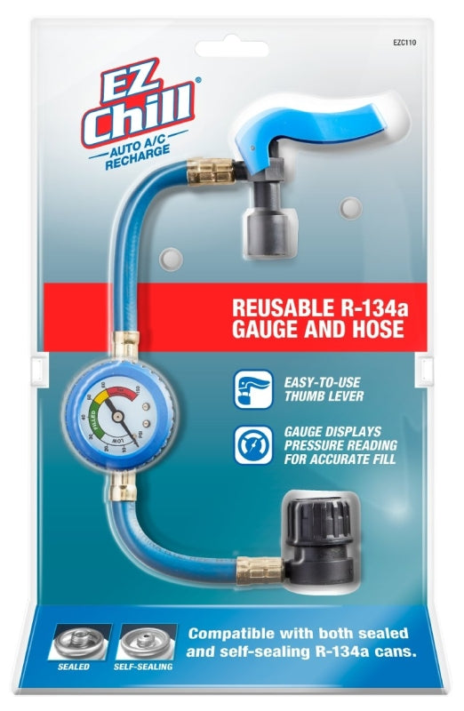 IDQ OPERATING EZ Chill EZC110-4 Gauge and Hose, Reusable, Blue, For: R-134a Sealed and Self-Sealing Cans