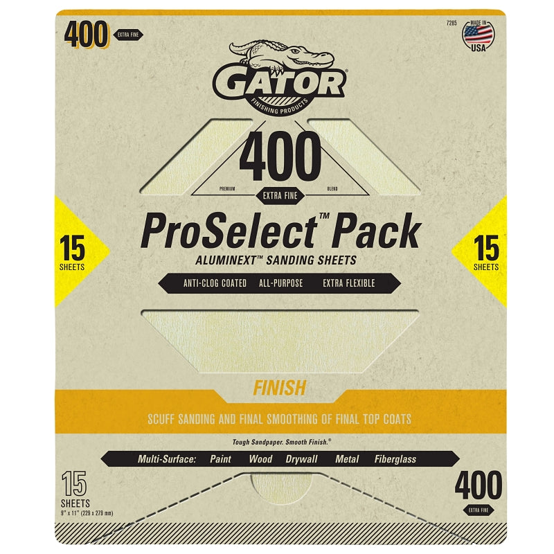 GATOR Gator 7285 Sanding Sheet, 11 in L, 9 in W, Extra Fine, 400 Grit, Aluminum Oxide Abrasive