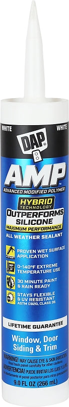DAP DAP AMP 7079800760 Advanced Sealant Caulk, White, 30 to 60 min Curing, 0 to 140 deg F, 9 oz Cartridge PAINT DAP