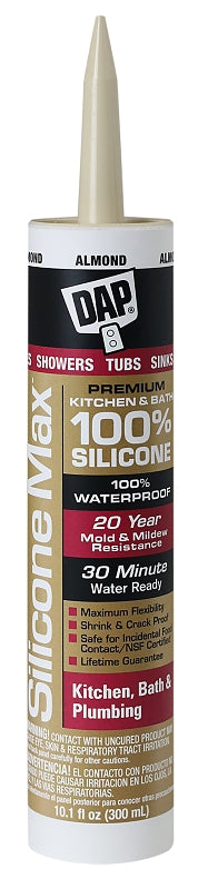 DAP DAP SILICONE MAX 08793 Kitchen and Bath Sealant, Gloss Almond, 24 hr Curing, -35 to 140 deg F, 10.1 fl-oz Cartridge/Tube
