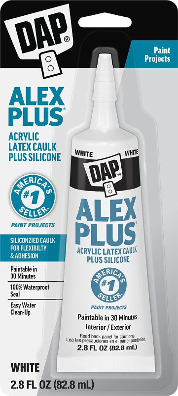 DAP Alex Plus 7079800956 All-Purpose Caulk, White, 30 min Paint Ready, 24 hr Water Ready Curing, 40 to 100 deg F, 2.8 fl-oz