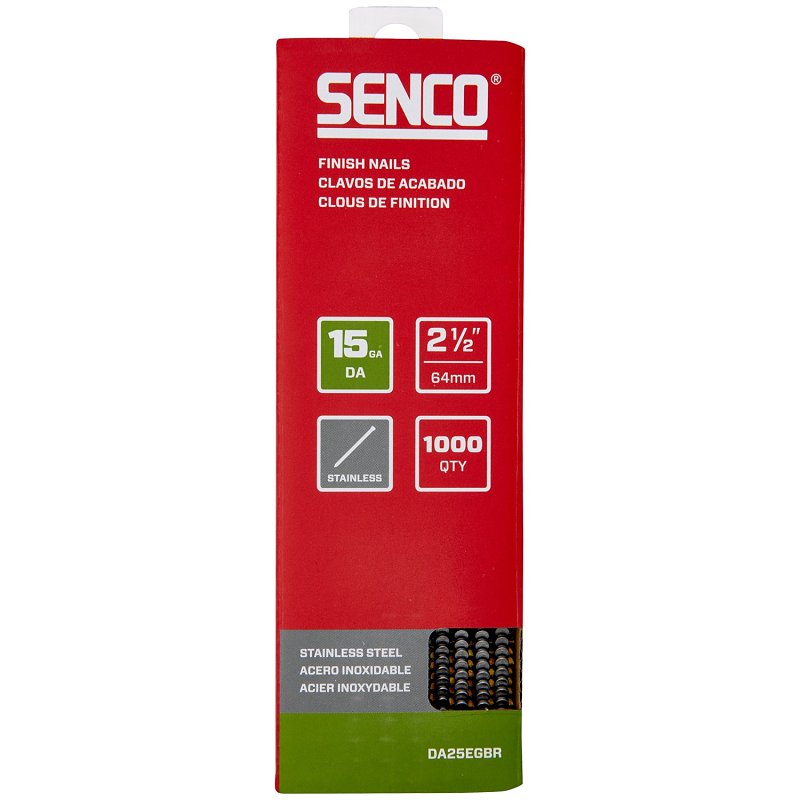 SENCO Senco DA25EGBR Finish Nail Strip, 2-1/2 in L, 15 ga, Stainless Steel, Sencote, Brad Head