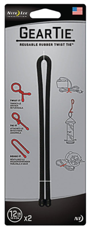 NITE IZE Gear Tie GT12-2PK-01 Twist Tie, Rubber, Black, 12 in L ELECTRICAL NITE IZE