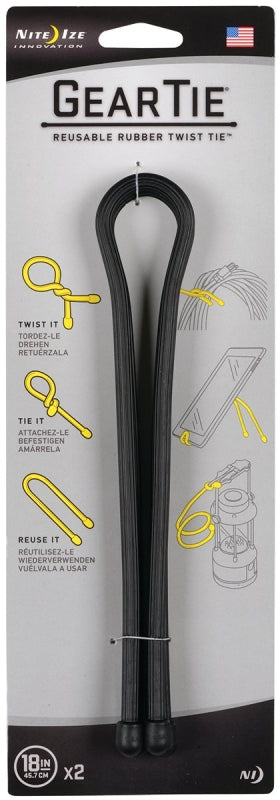 NITE IZE Gear Tie GT18-2PK-01 Twist Tie, Rubber, Black, 18 in L ELECTRICAL NITE IZE