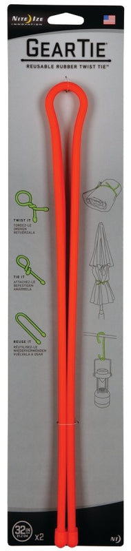 NITE IZE Gear Tie GT32-2PK-31 Twist Tie, Rubber, Bright Orange, 18 in L, 2/PK