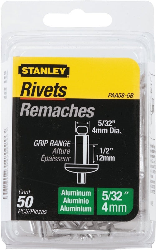 STANLEY STANLEY PAA58-5B Pop Rivet, Reusable, 1/2 in Grip, 5/32, Aluminum, 50/PK
