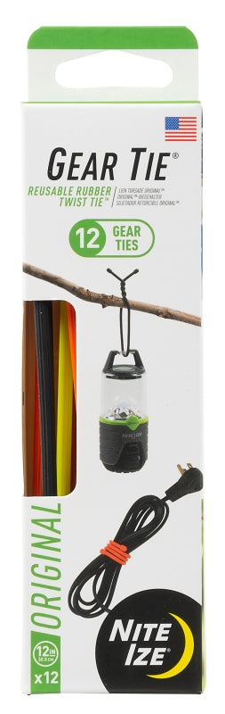 NITE IZE Gear Tie GTPP12-A1-R8 Twist-Tie, 6.2 mm Dia, 12 in L, Rubber/Steel, Black/Bright Orange/Neon Yellow
